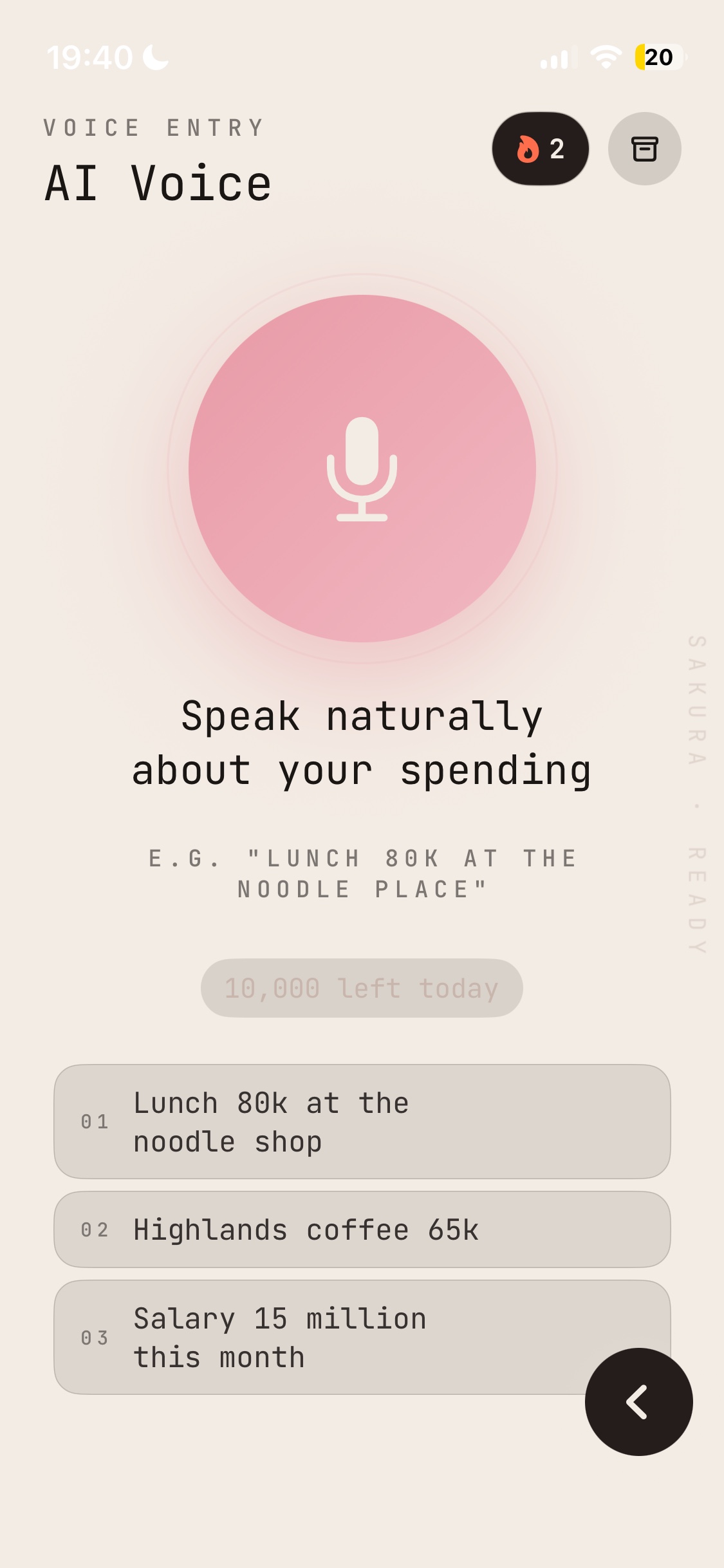 Sakura screen ready to record a transaction by voice