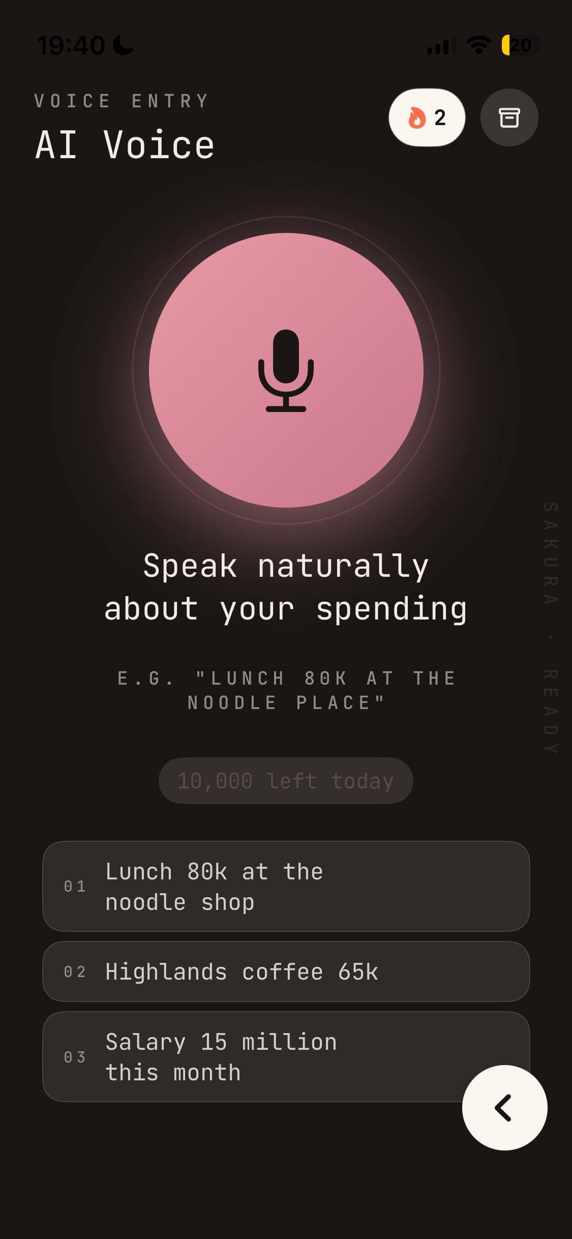 Sakura screen ready to record a transaction by voice