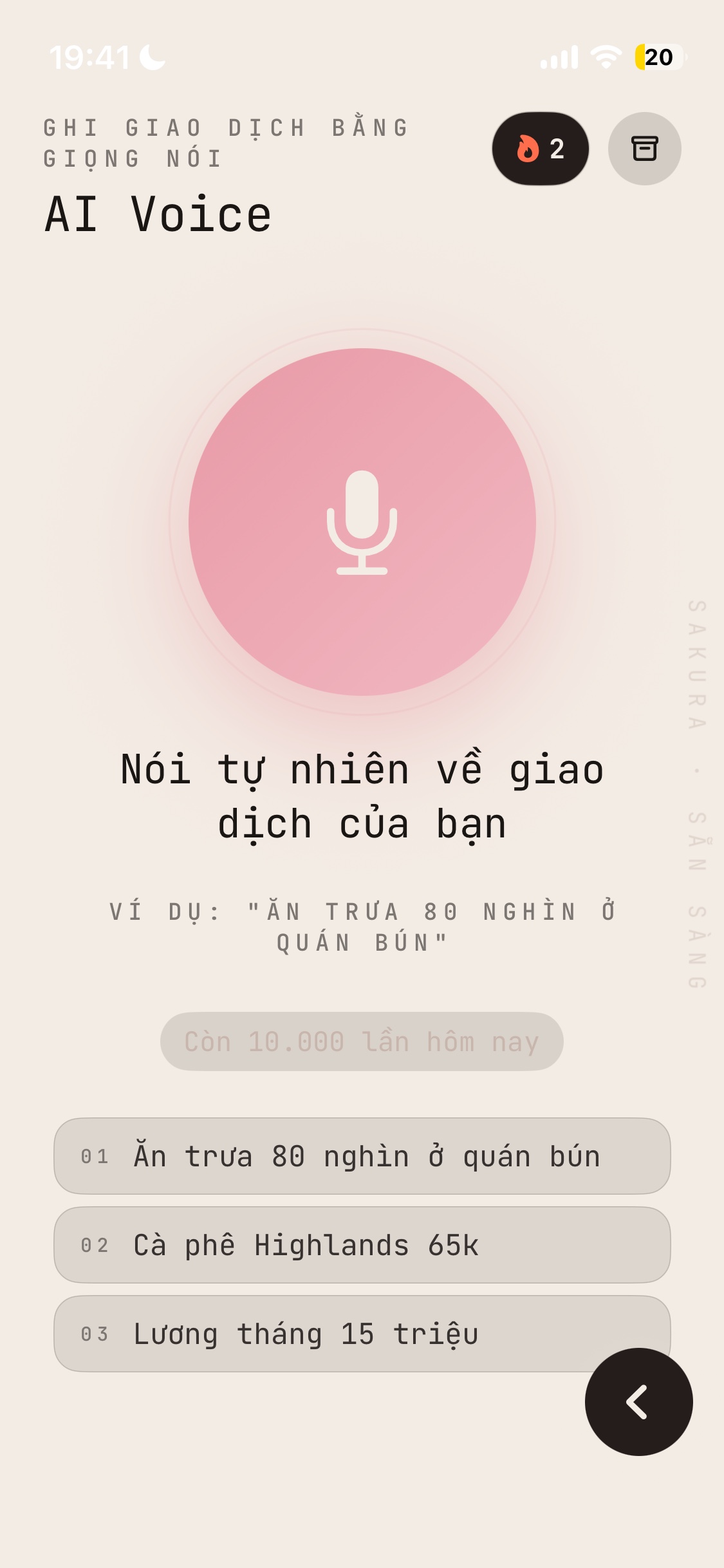 Màn hình Sakura sẵn sàng ghi giao dịch bằng giọng nói